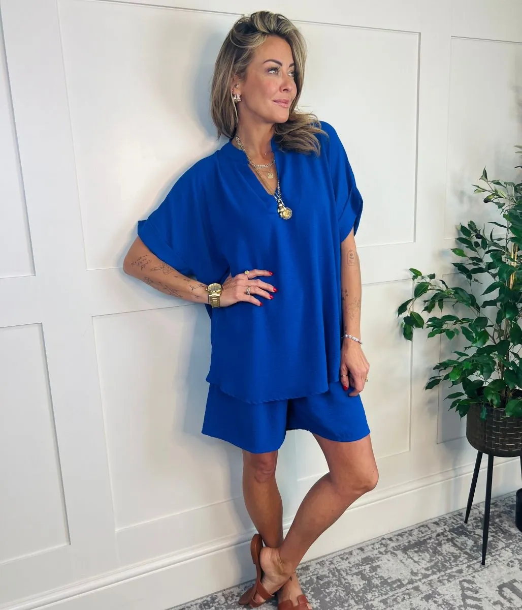 Blue V Neck Top & Shorts Co Ord Set