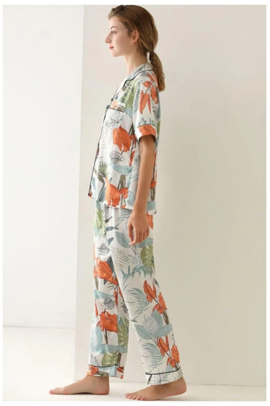 Botanical Print Button-Up Top and Pants Pajama Set