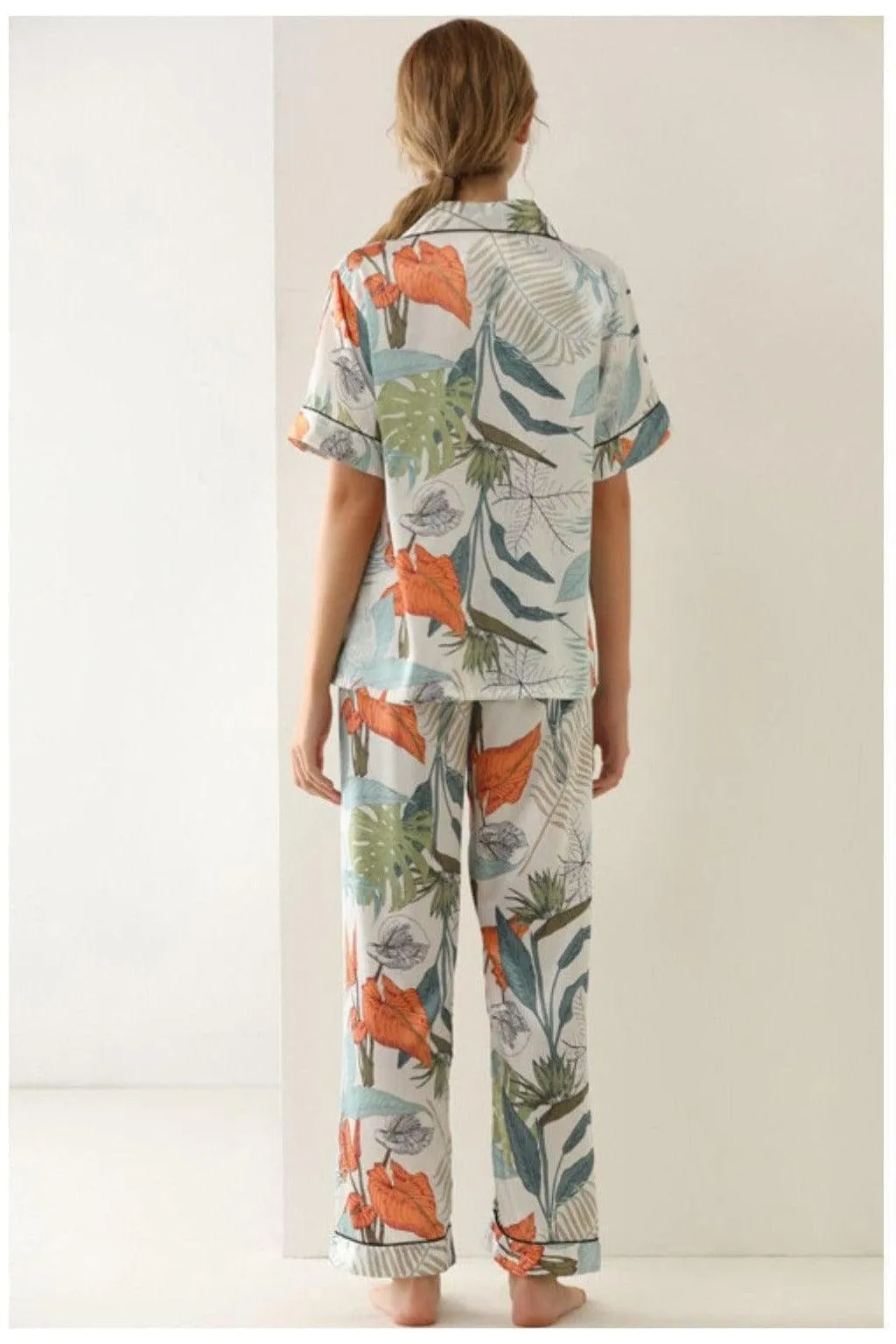 Botanical Print Button-Up Top and Pants Pajama Set