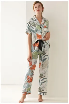 Botanical Print Button-Up Top and Pants Pajama Set