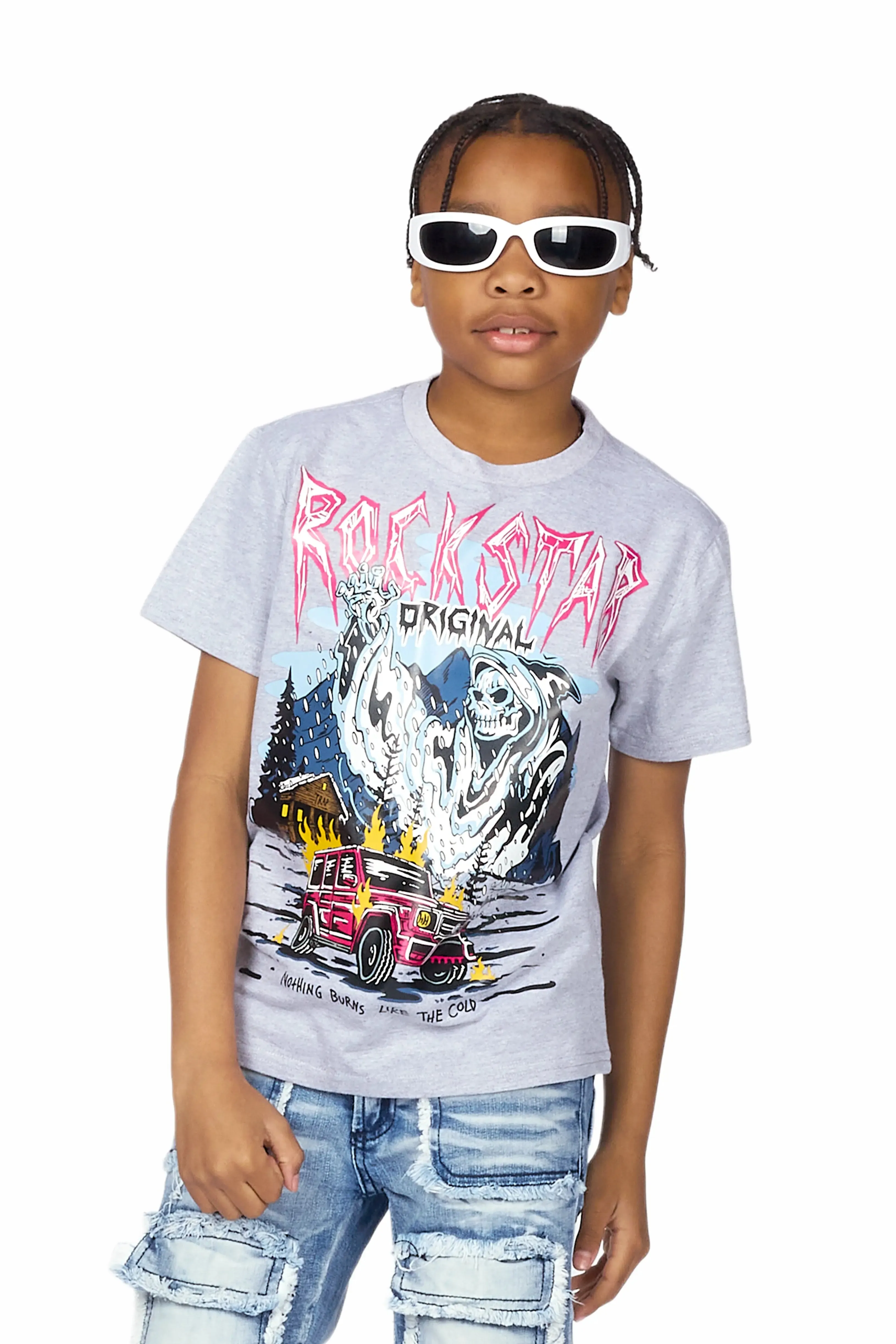 Boys Mahir Grey/Blue T-Shirt/Stacked Flare Jean