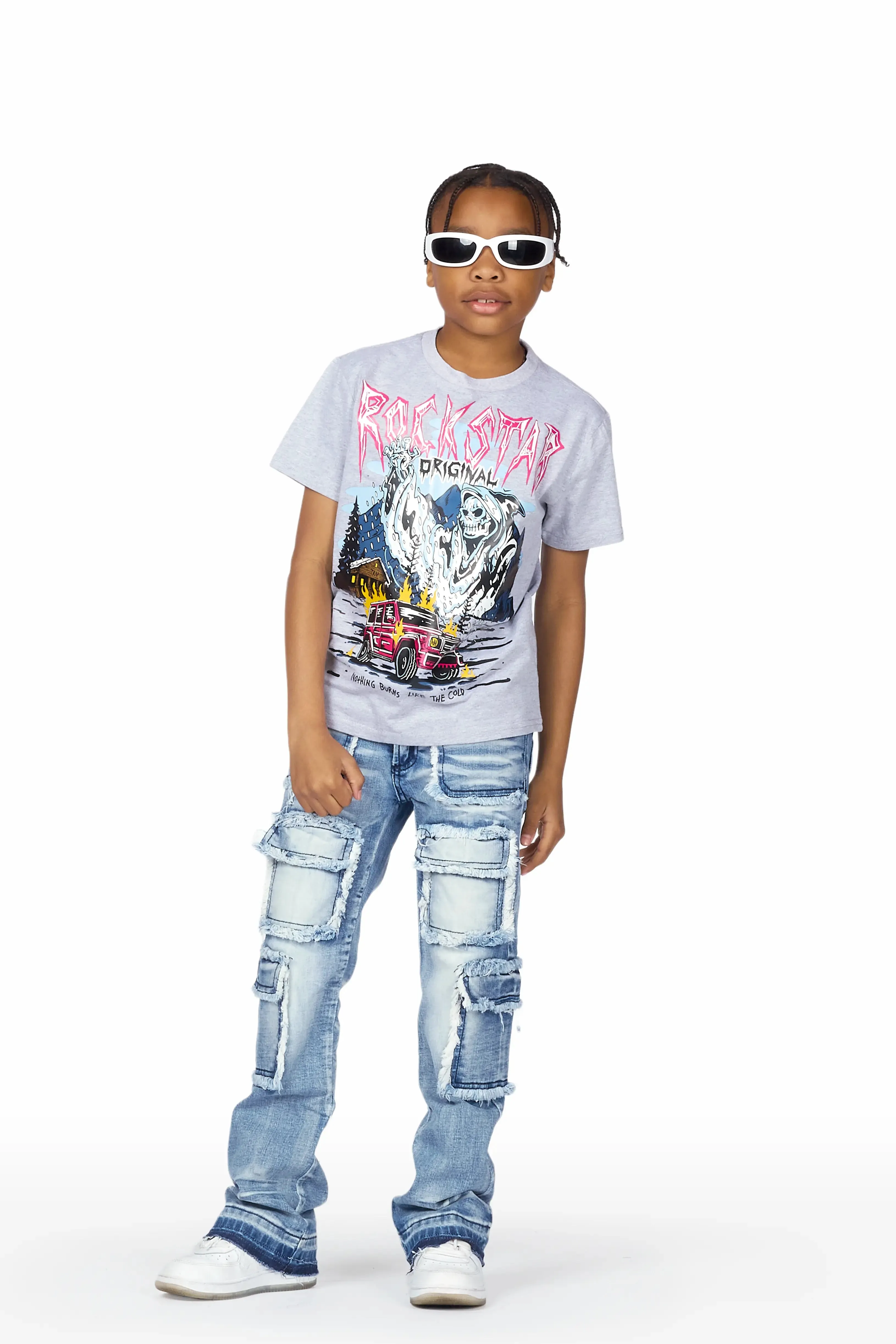 Boys Mahir Grey/Blue T-Shirt/Stacked Flare Jean