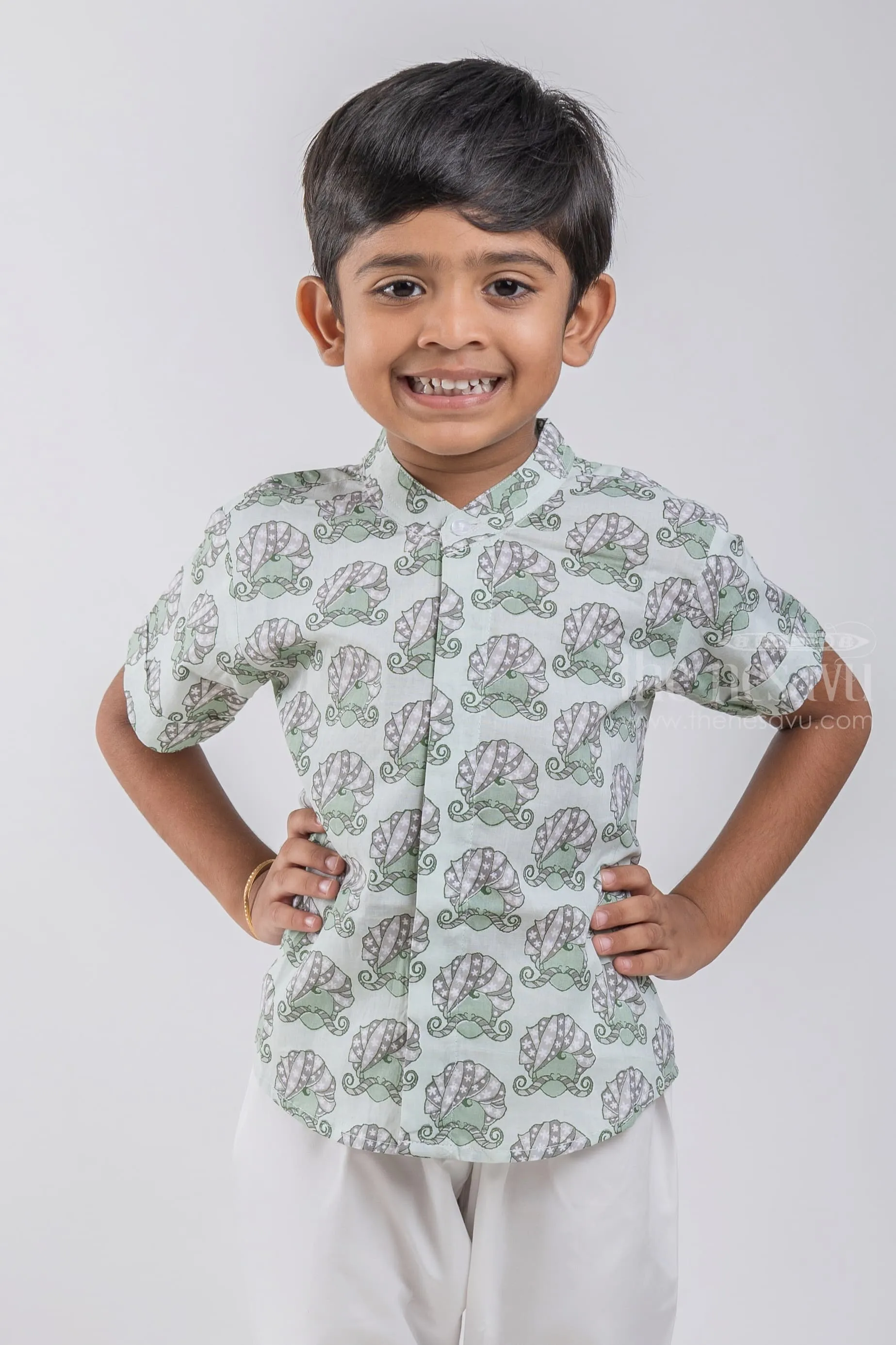 Boys Rajasthani Printed Green Cotton Shirt by The Nesavu