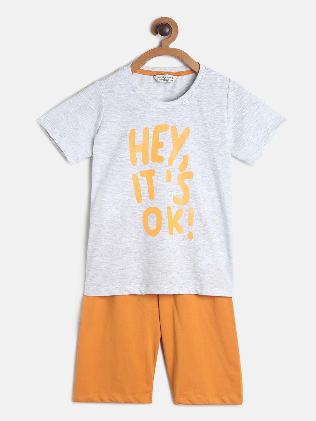 Boys/Girls Light Grey & Orange Printed Cotton Night Suit