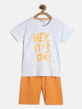 Boys/Girls Light Grey & Orange Printed Cotton Night Suit