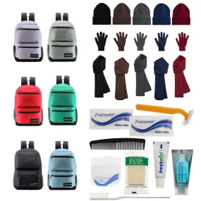 Bulk Case of 12 Backpacks and 12 Winter Item Sets and 12 Hygiene Kits - Wholesale Care Package - Emergencies, Homeless, Charity