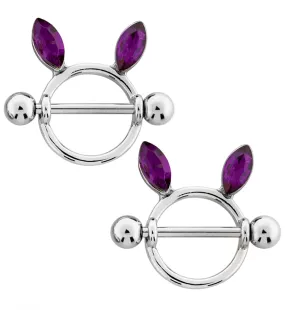 Bunny Ears Purple CZ Nipple Ring Shield