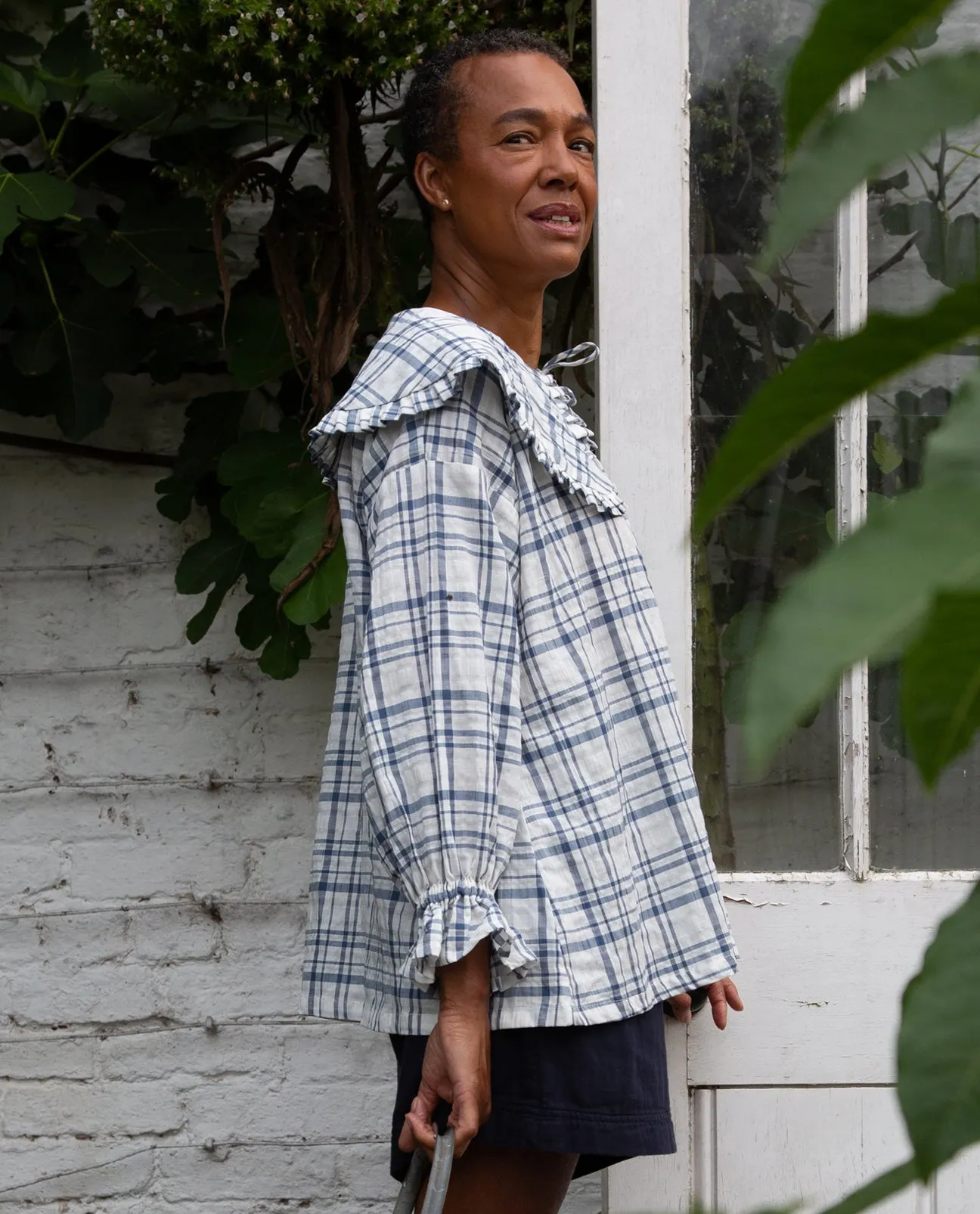 Camilla-Marissa Linen and Cotton Blouse in Navy & White Check