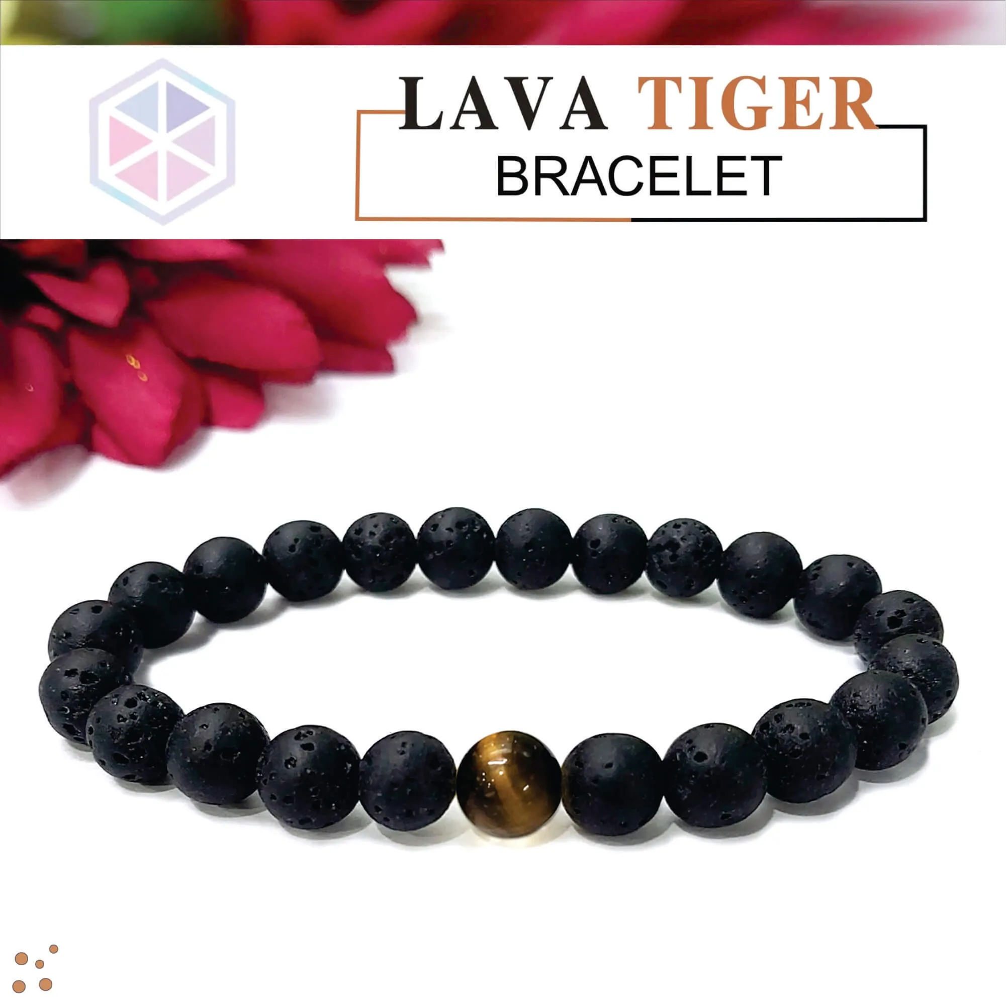 Certified Lava Natural Stone 8mm Bracelet With Tiger Eye