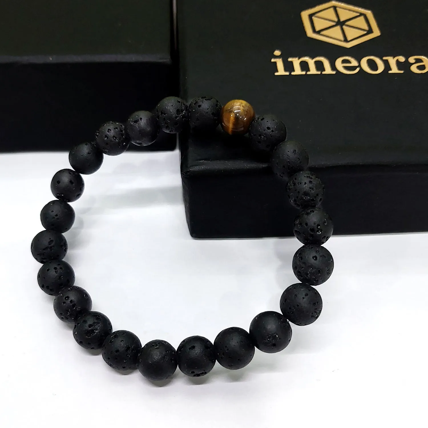 Certified Lava Natural Stone 8mm Bracelet With Tiger Eye