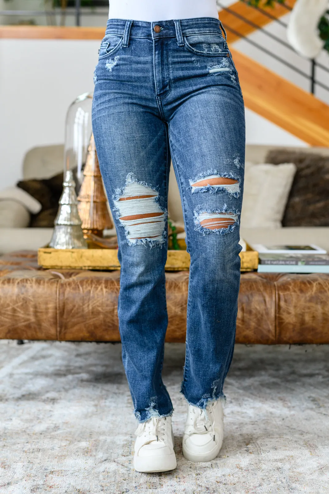 Christine High Contrast Slim Bootcut Destroyed Judy Blue Jeans