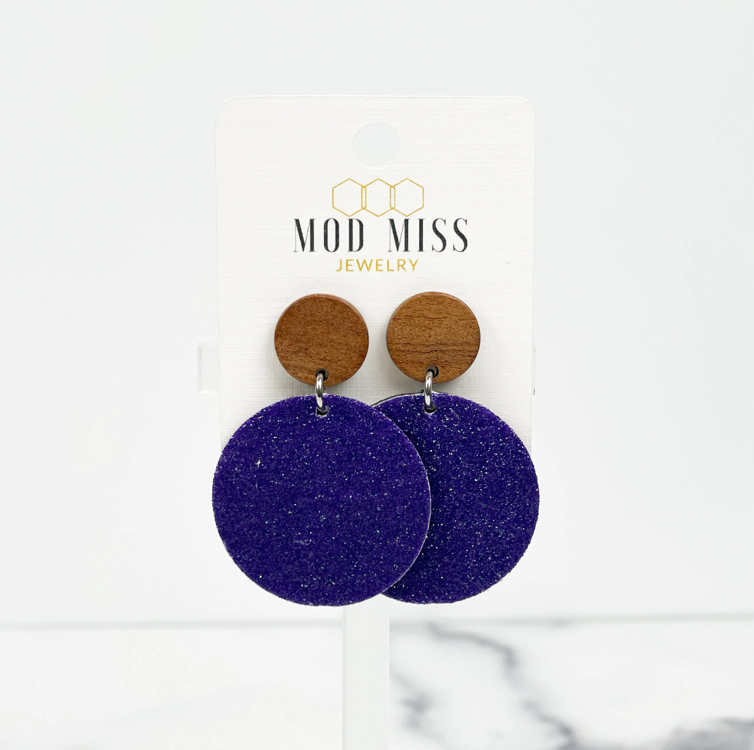 Cork Leather Round Earring Fine Glitter Purple