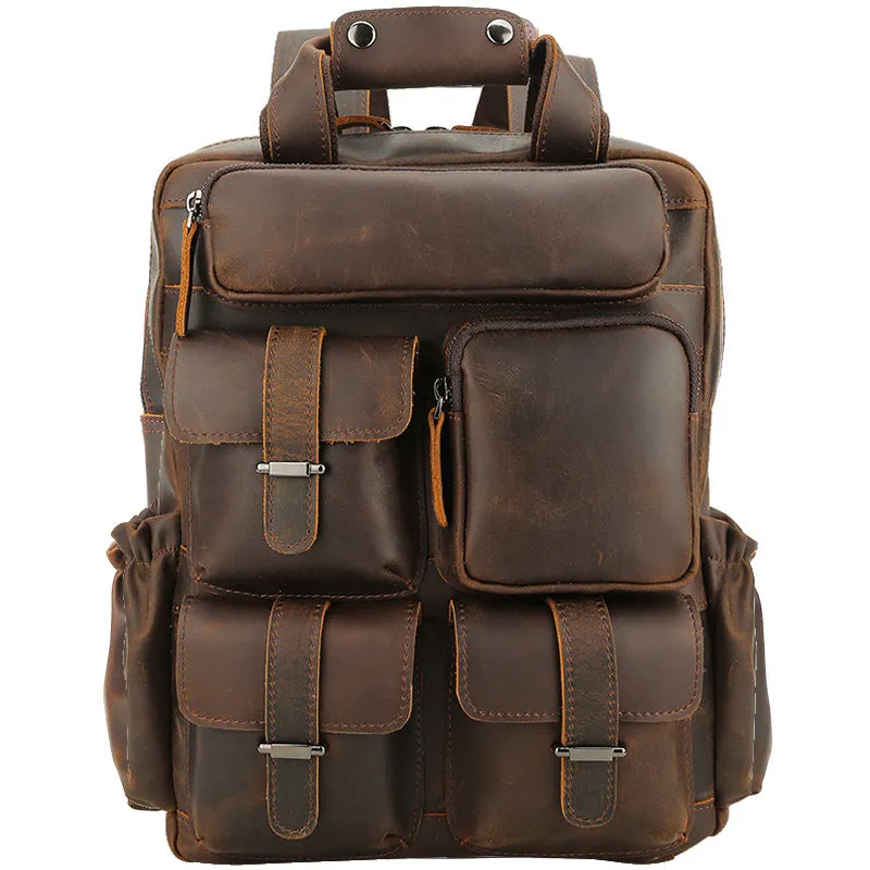 Crazy Horse Leather Laptop Backpack Men Travel Backpack Vintage Casual Backpack