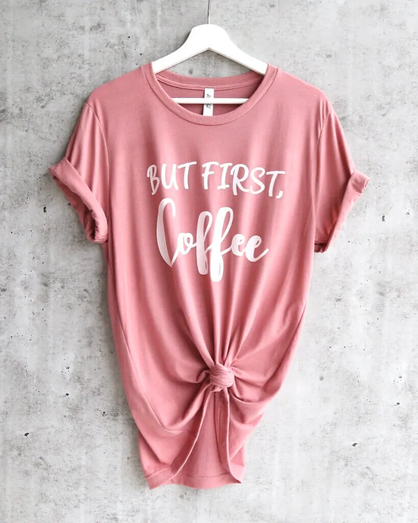 Distracted - But First, Coffee Unisex T-Shirt in Mauve/White