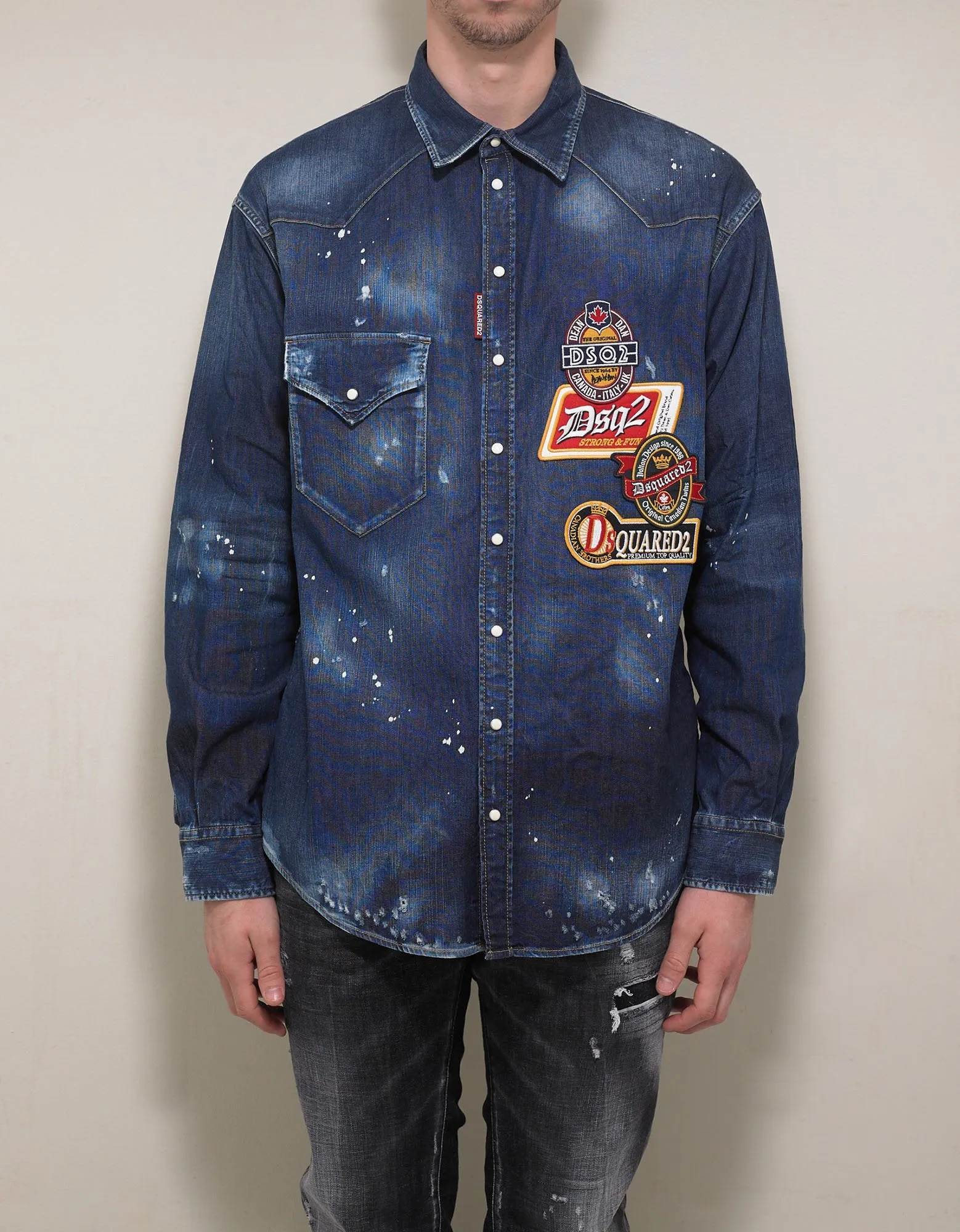 Distressed Denim Shirt with Badges