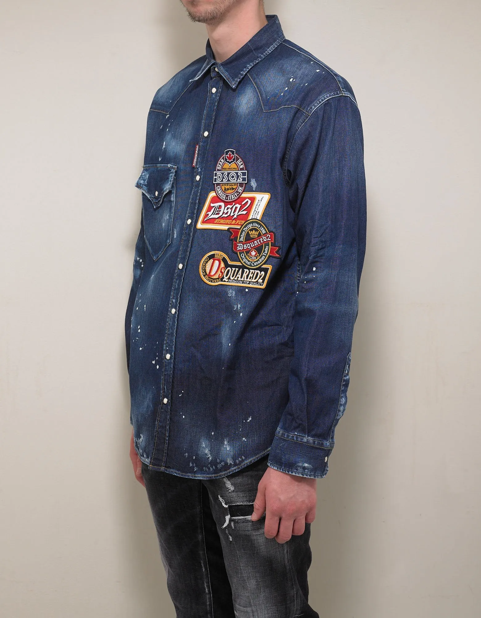 Distressed Denim Shirt with Badges