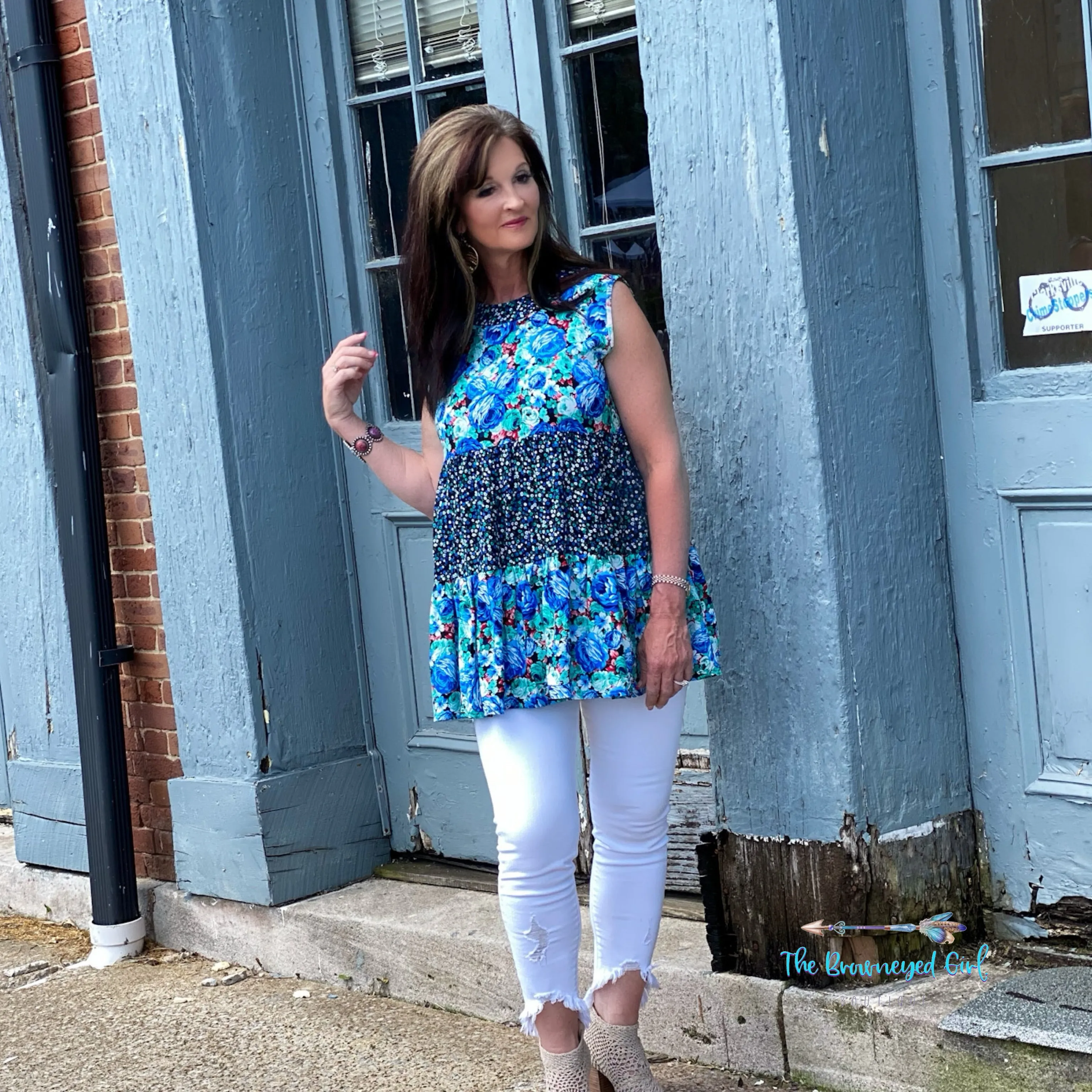 Ditsy Blue Floral Ruffle Layer Sleeveless Tunic/ Top