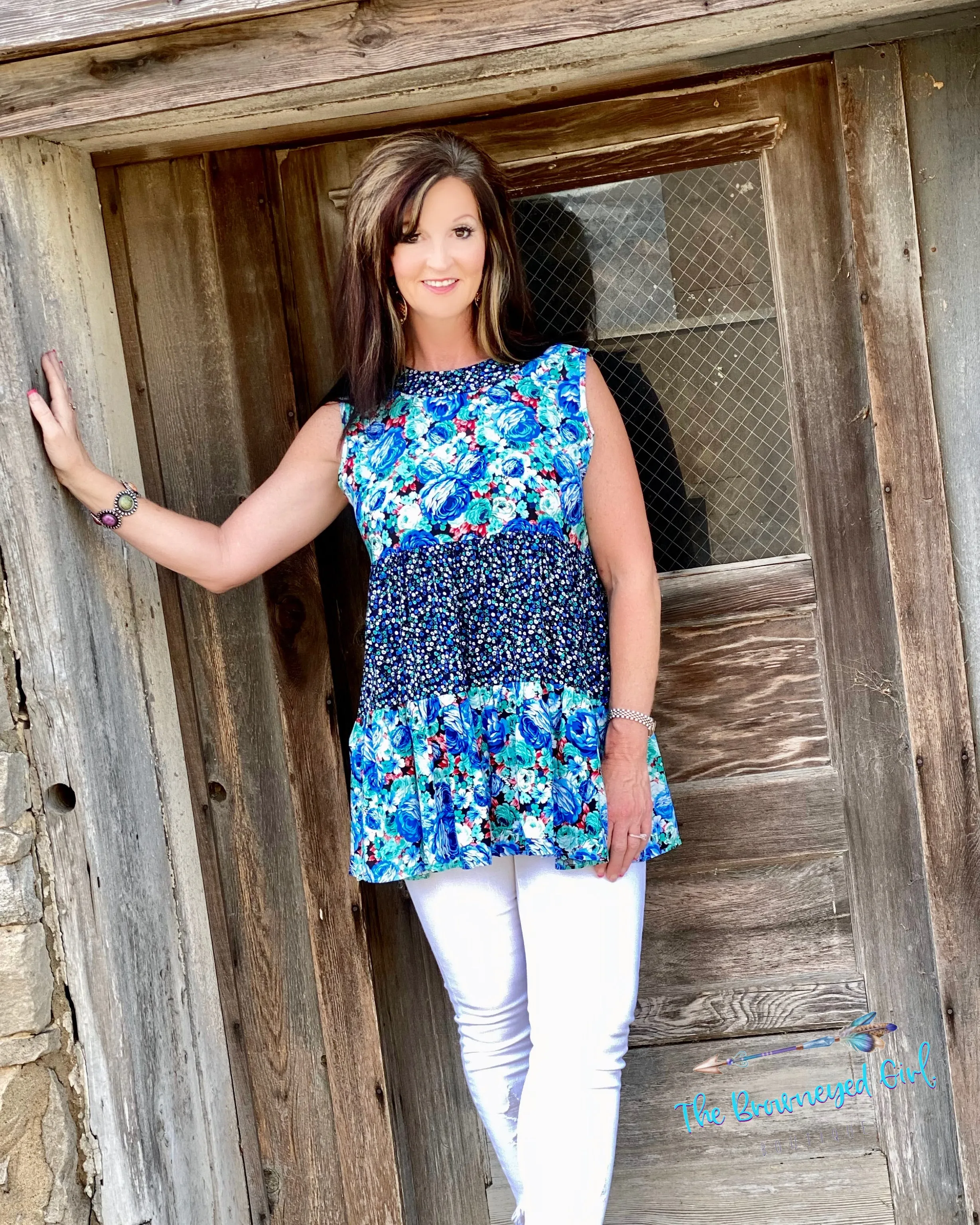 Ditsy Blue Floral Ruffle Layer Sleeveless Tunic/ Top