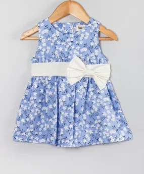 Ditsy print infant dress with white bow-Blue