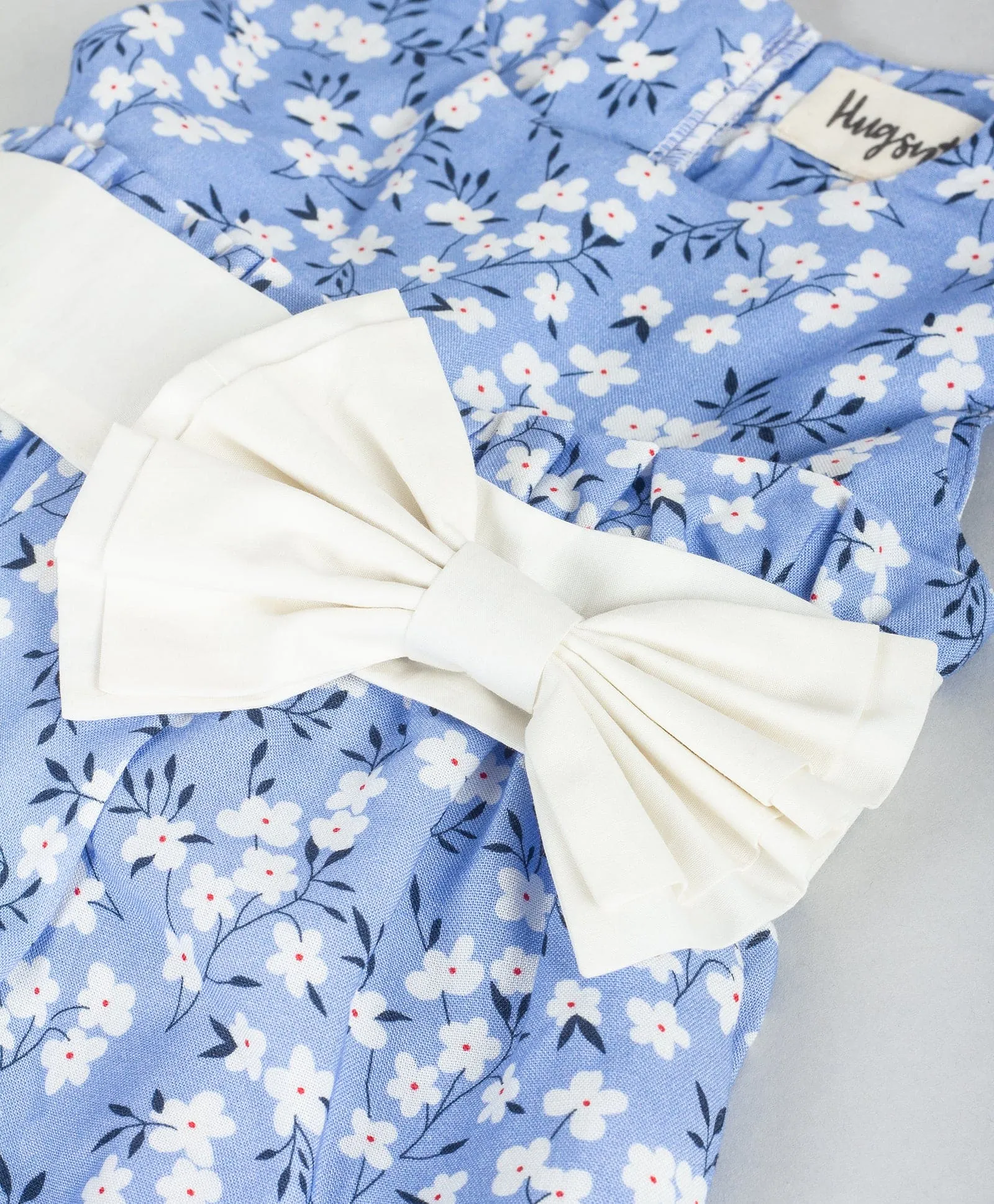 Ditsy print infant dress with white bow-Blue