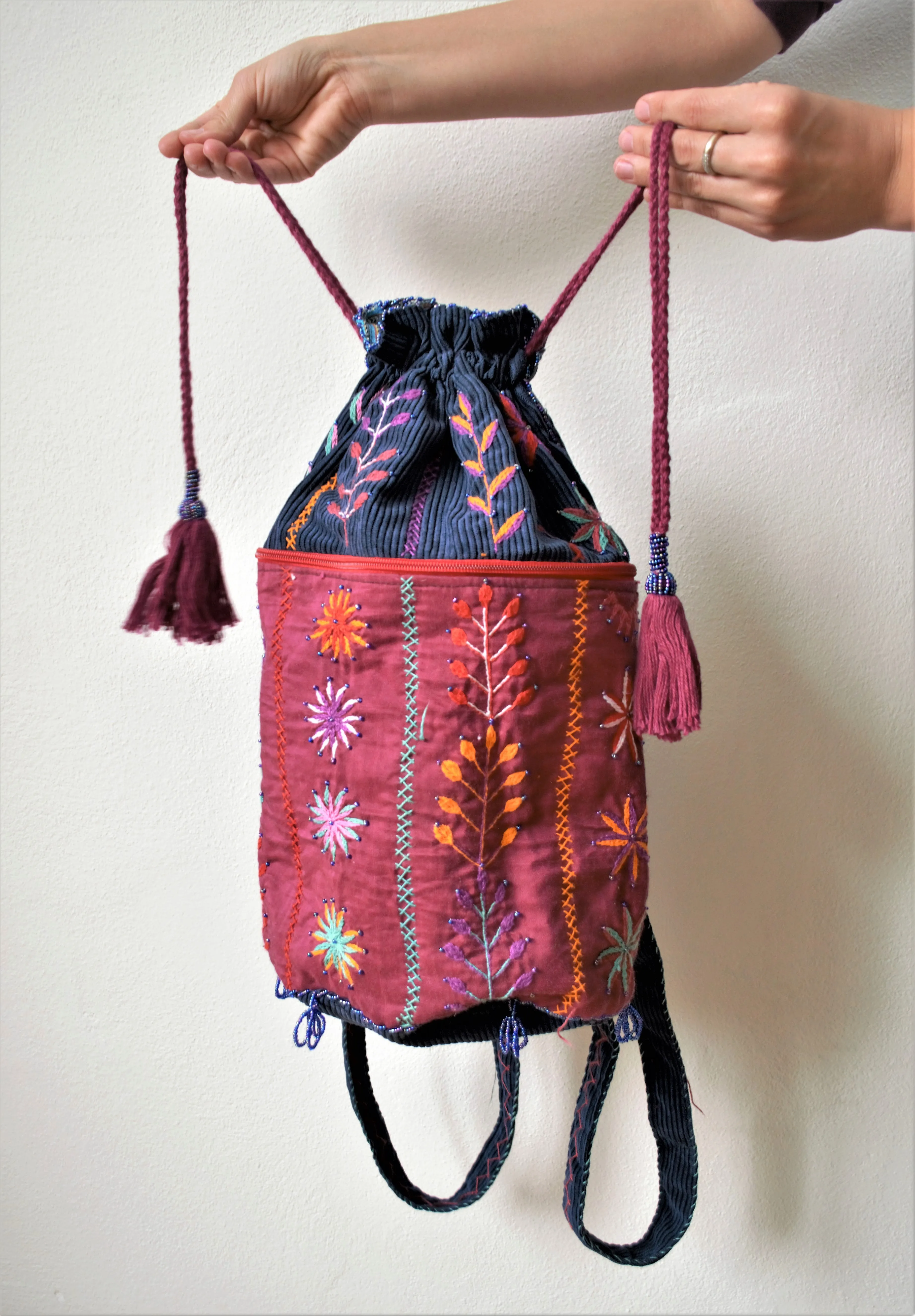 Drawstring boho backpack, Blue embroidered bag