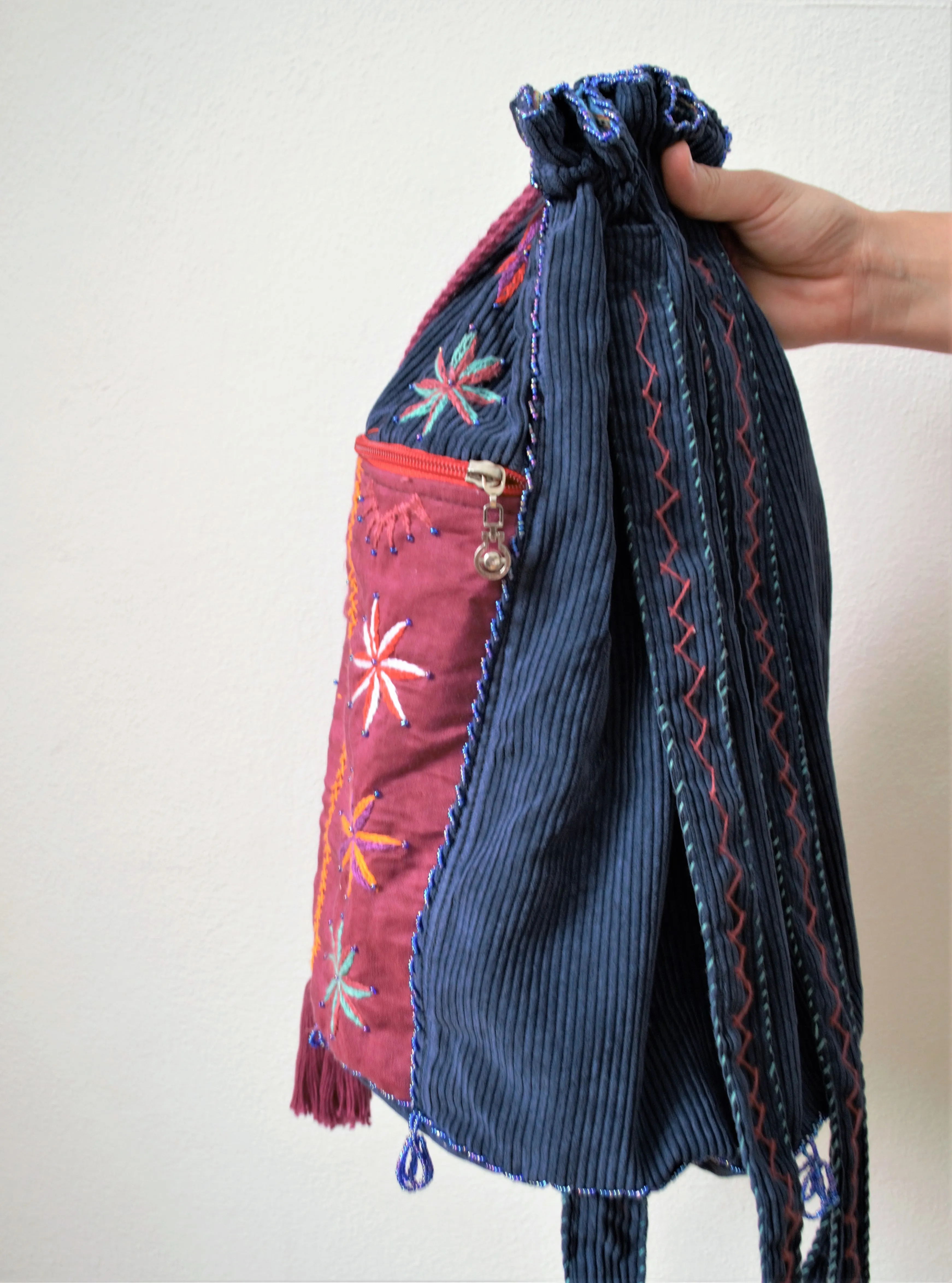 Drawstring boho backpack, Blue embroidered bag