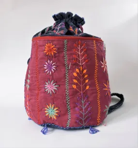 Drawstring boho backpack, Blue embroidered bag