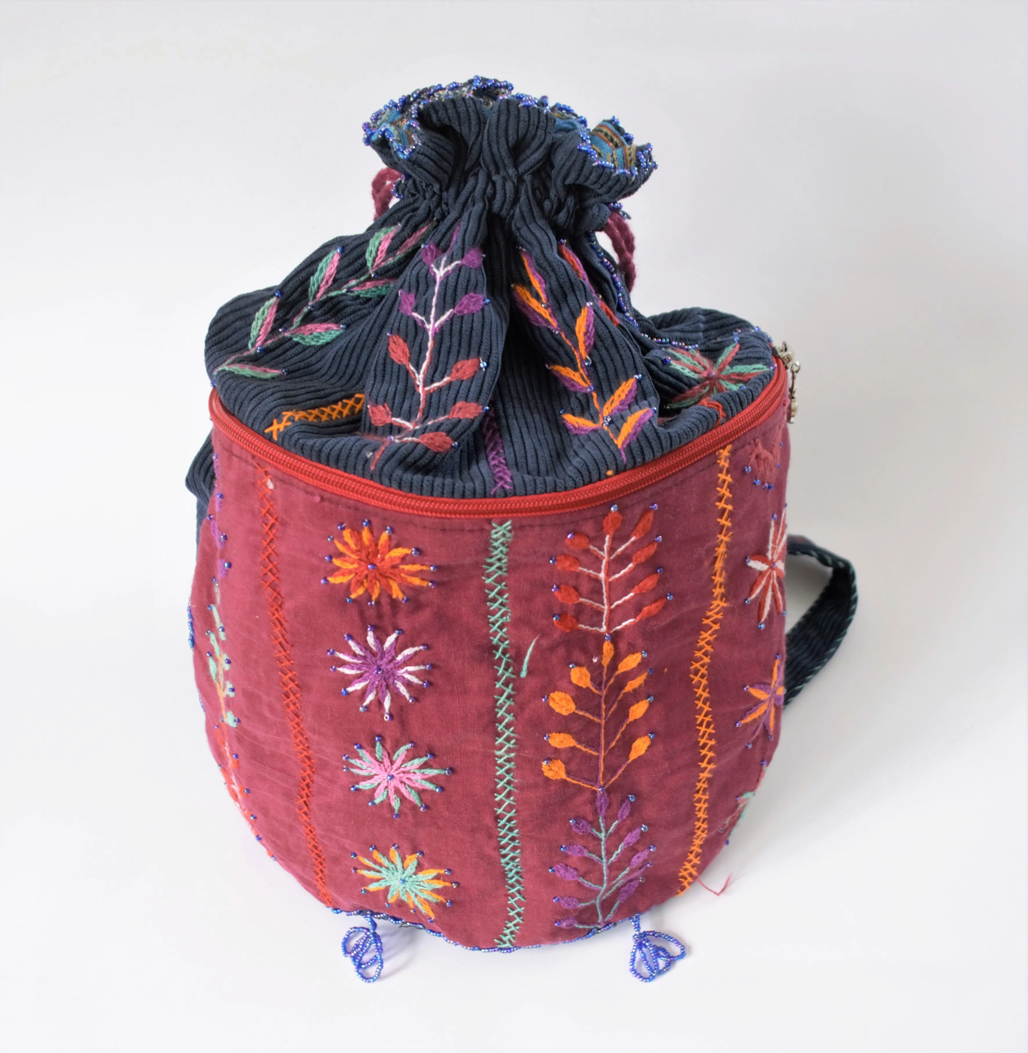 Drawstring boho backpack, Blue embroidered bag