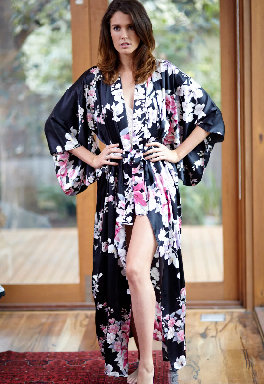 Elegant Orchids Long Silk Kimono