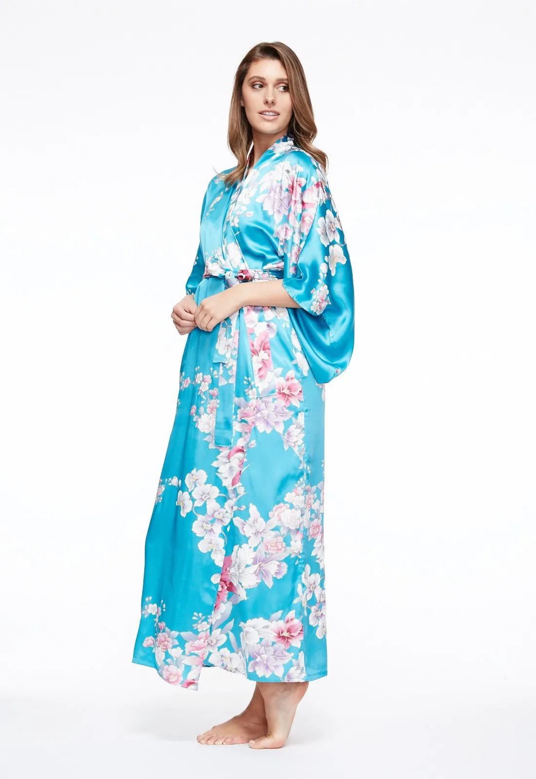 Elegant Orchids Long Silk Kimono