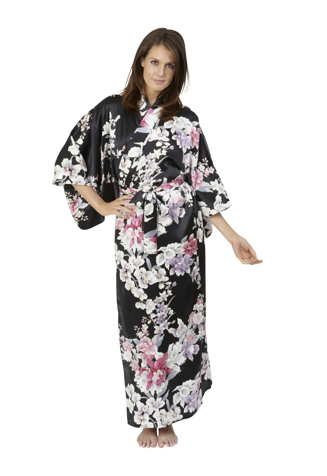 Elegant Orchids Long Silk Kimono