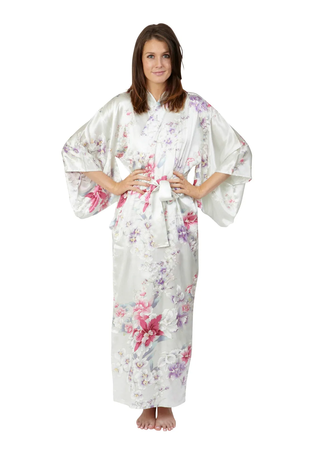 Elegant Orchids Long Silk Kimono