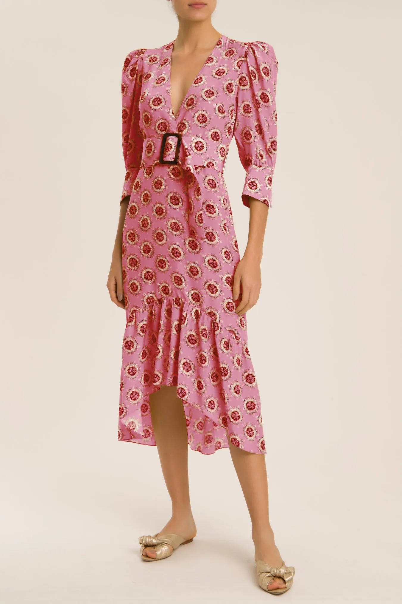 Exotic Passion Puff-Sleeved Silk Midi Dress With Belt