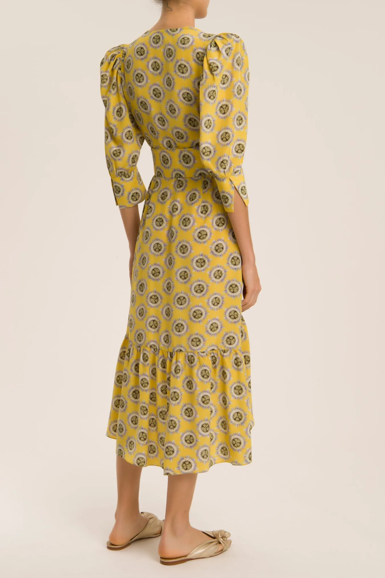 Exotic Passion Puff-Sleeved Silk Midi Dress With Belt