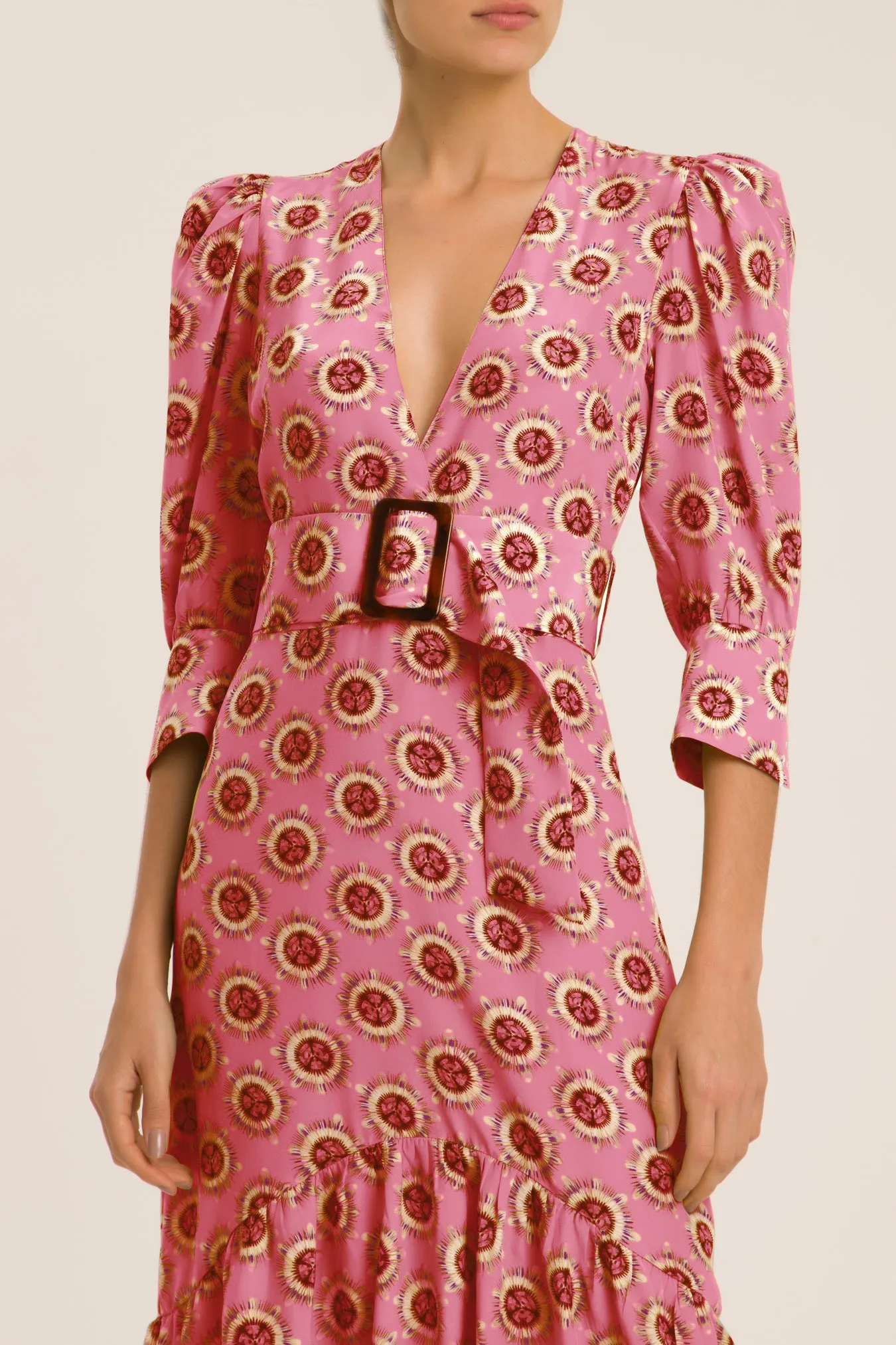 Exotic Passion Puff-Sleeved Silk Midi Dress With Belt