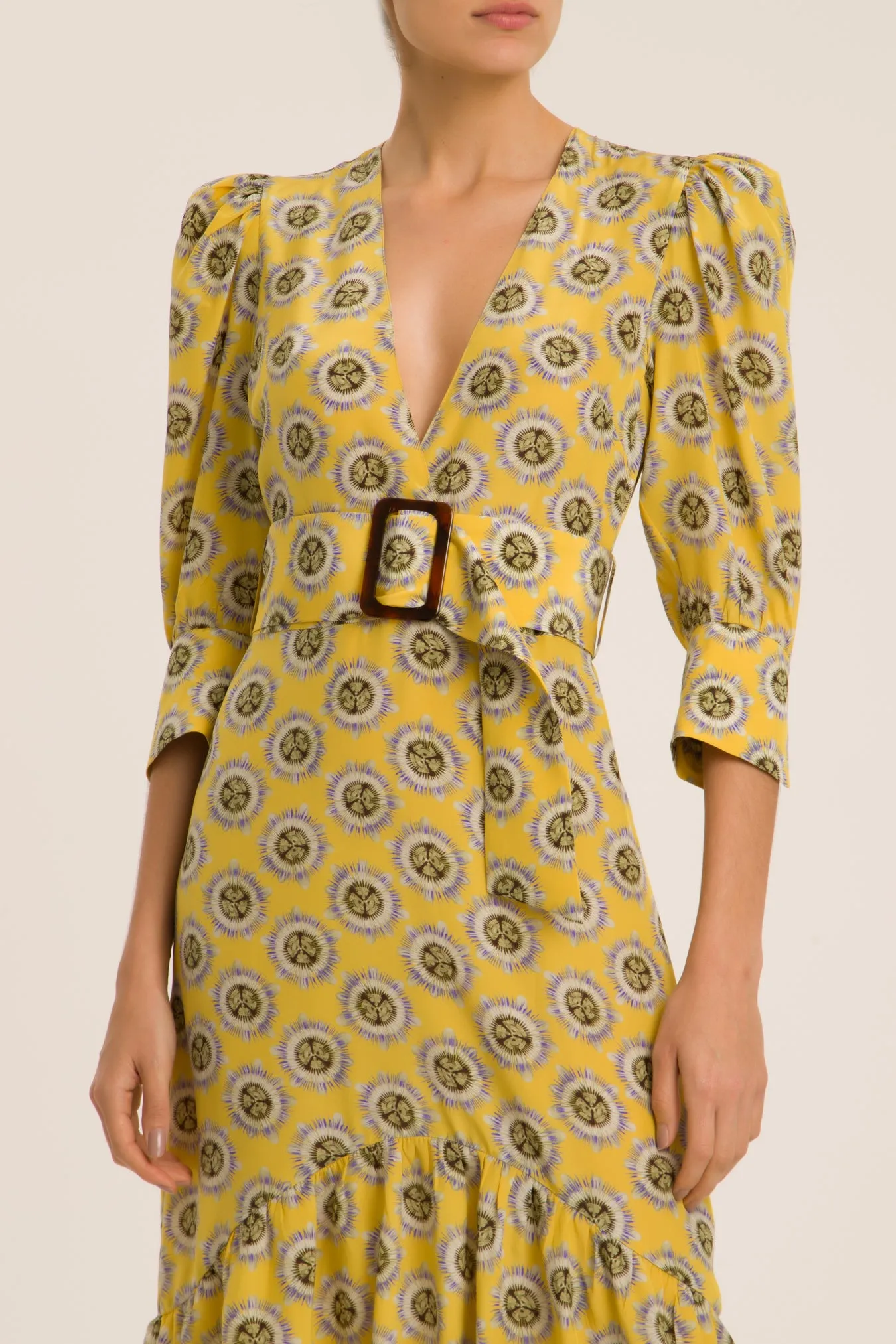 Exotic Passion Puff-Sleeved Silk Midi Dress With Belt