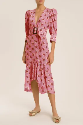 Exotic Passion Puff-Sleeved Silk Midi Dress With Belt