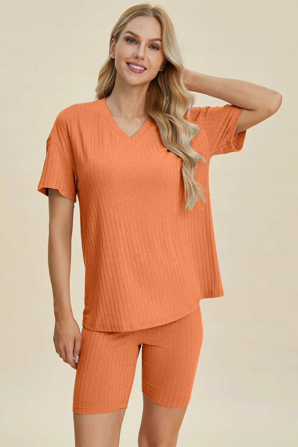 Explore More Collection - Basic Bae Full Size Ribbed V-Neck Short Sleeve Top and Shorts Set