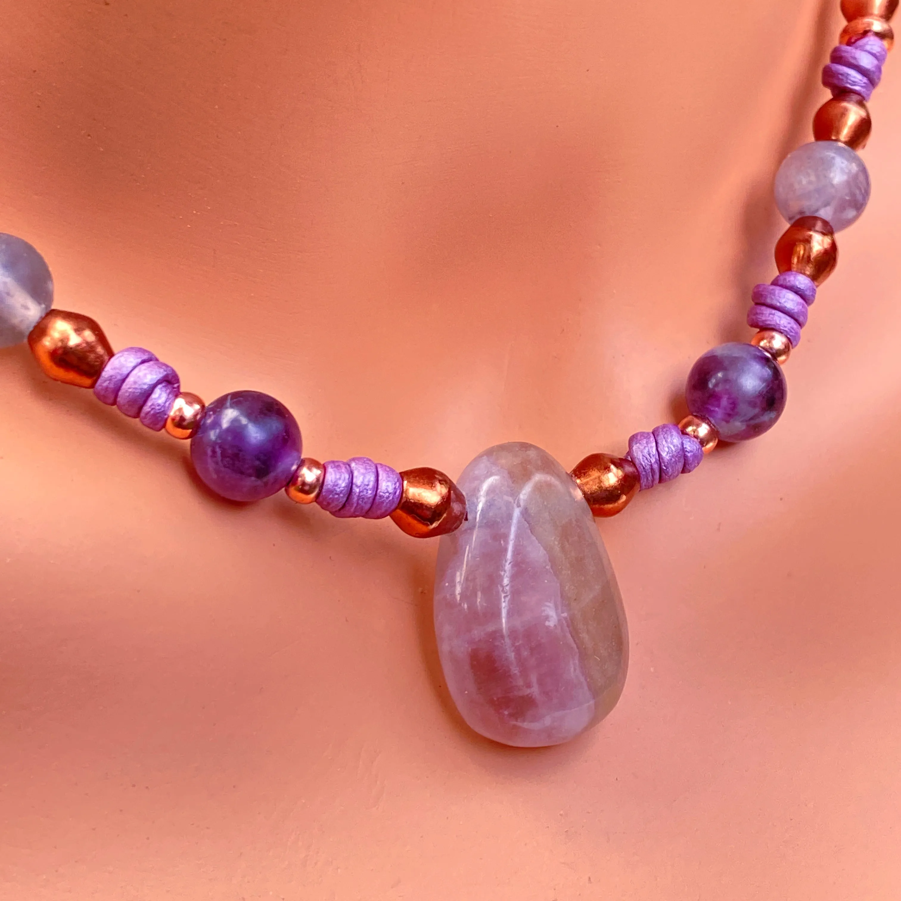 Fluorite Gemstone and copper hand knotted leather necklace