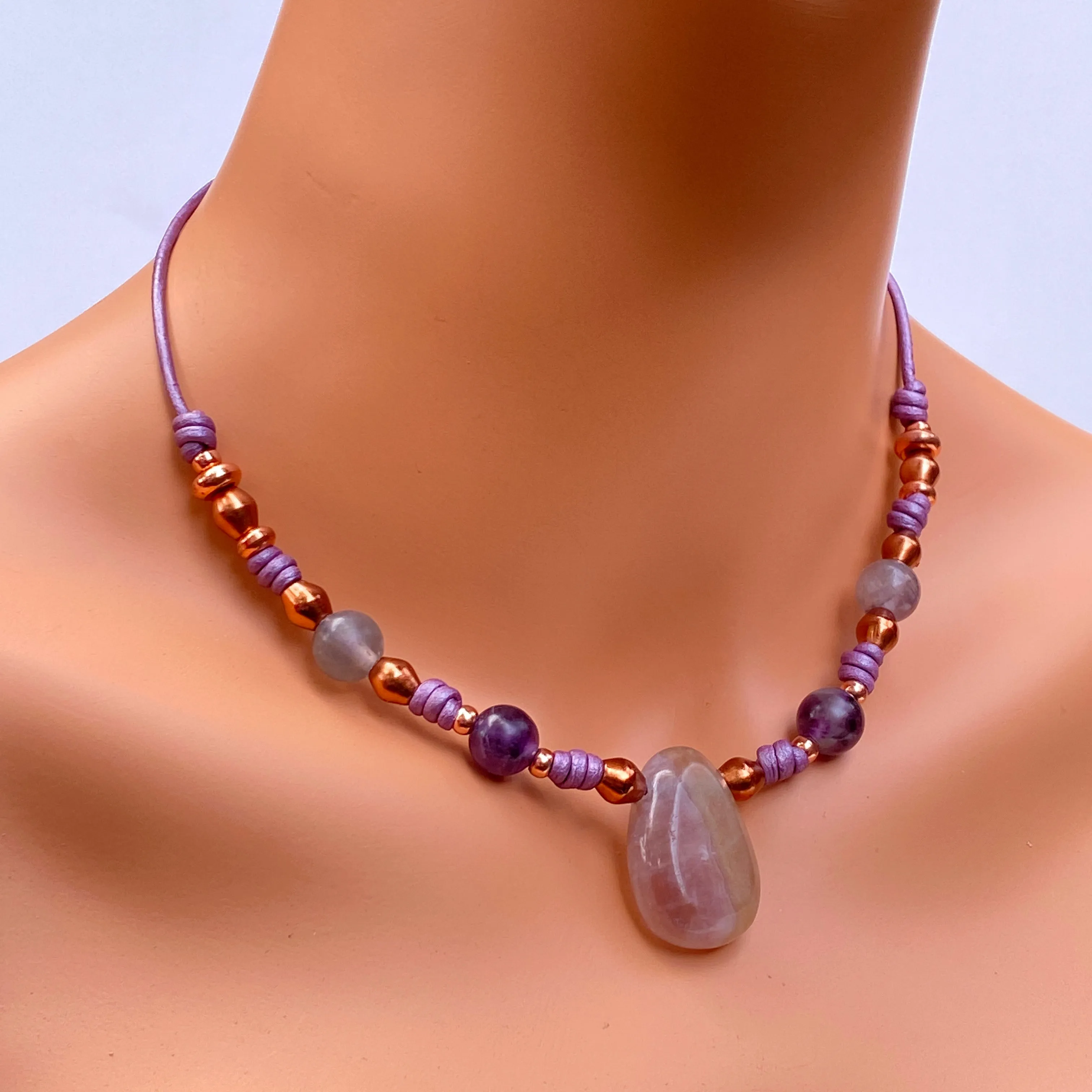 Fluorite Gemstone and copper hand knotted leather necklace