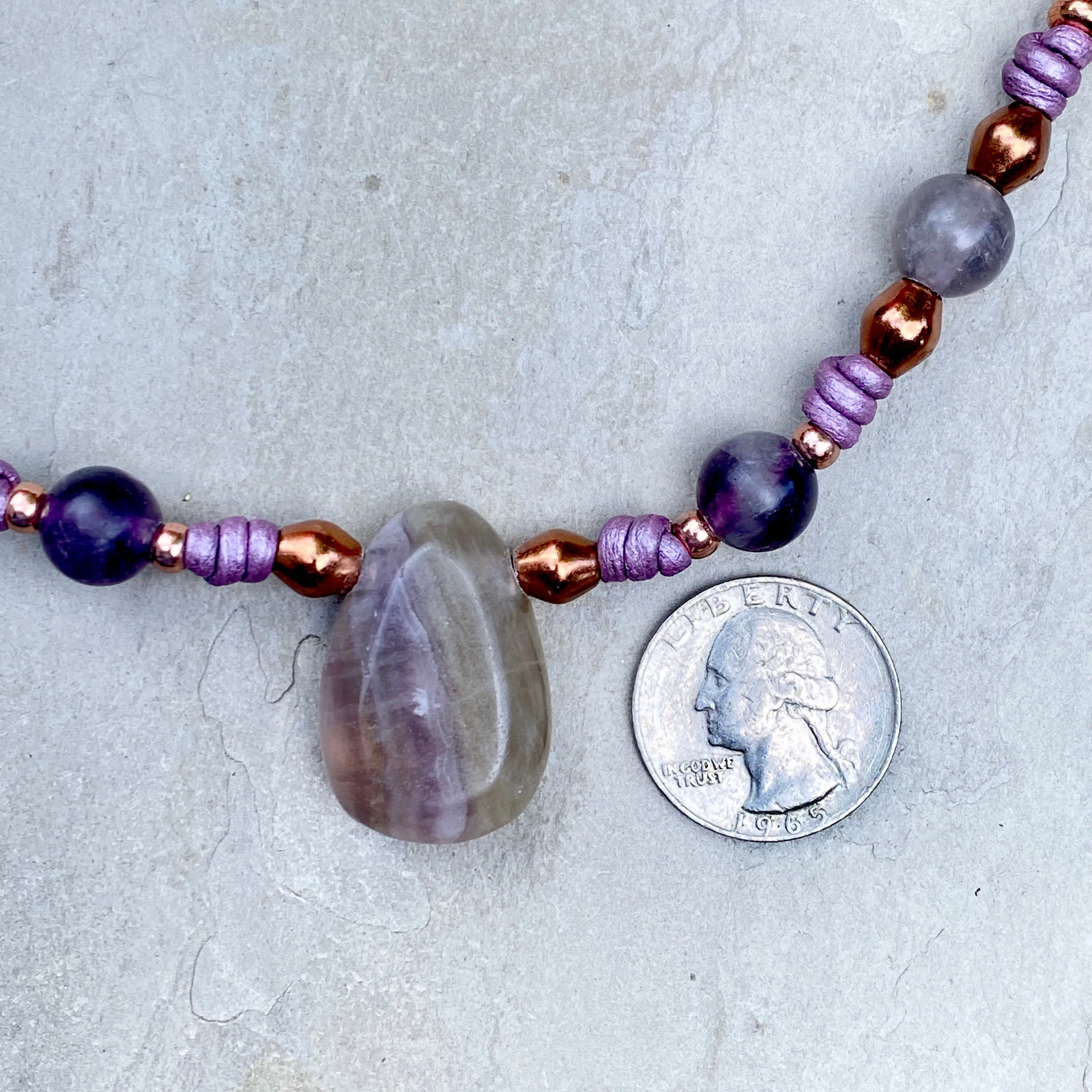 Fluorite Gemstone and copper hand knotted leather necklace