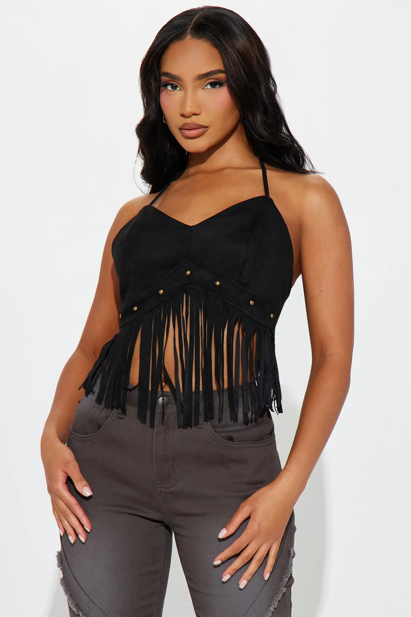 Giddy Up Faux Suede Halter Top - Black