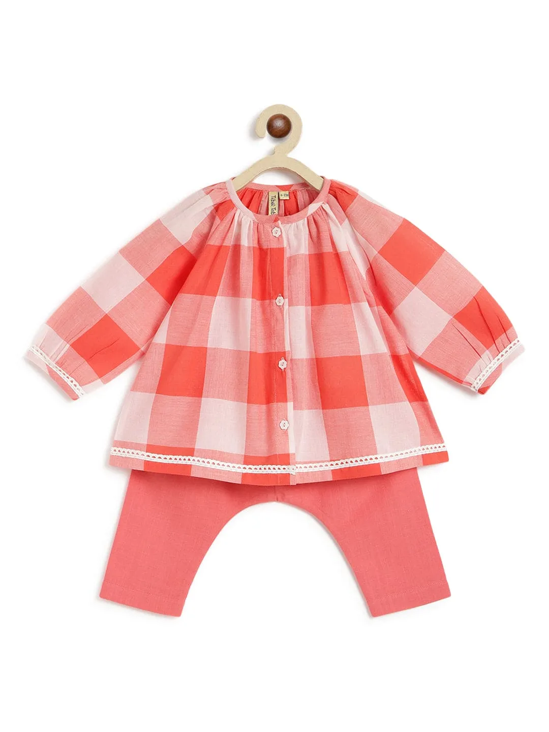 Girl Chirpy Checks Jhabla Set-Red