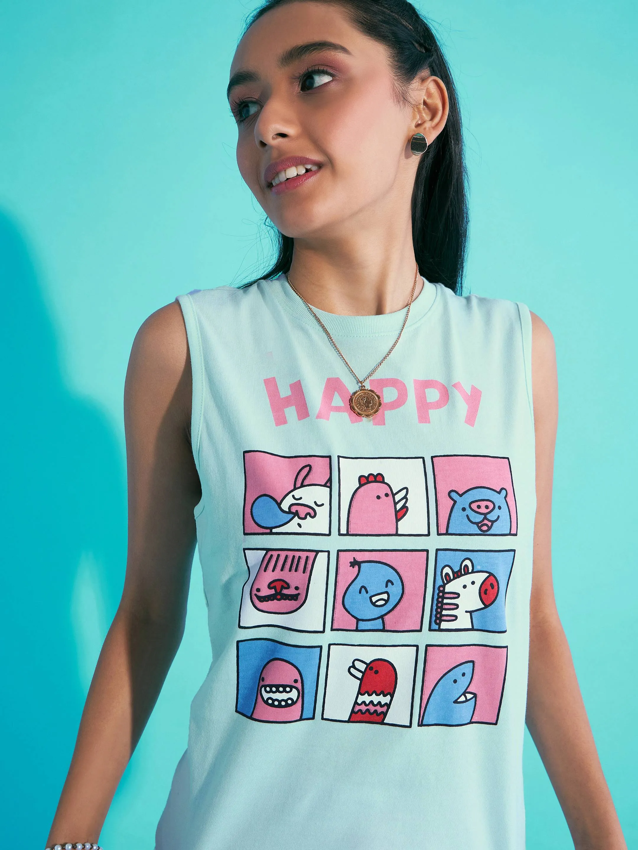 Girls Blue Happy Print Sleeveless T-Shirt