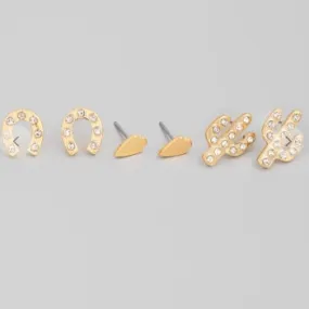 Gold Mini Horseshoe Cactus Stud Earrings Set