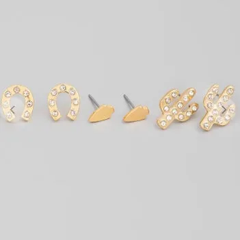 Gold Mini Horseshoe Cactus Stud Earrings Set