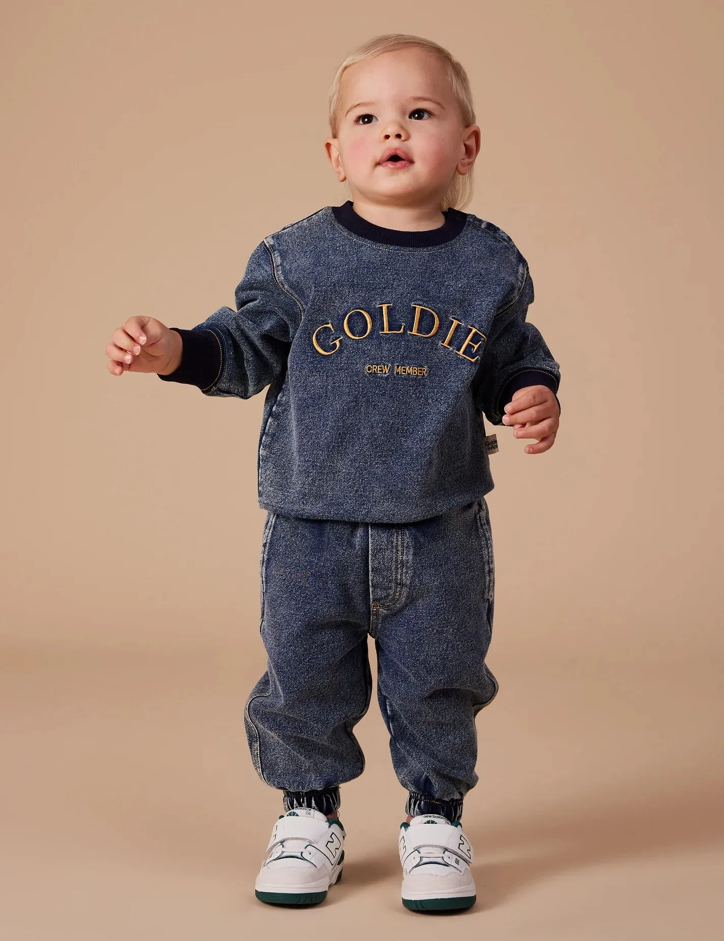 GOLDIE CREW EMBROIDERED DENIM LOOK SWEATER