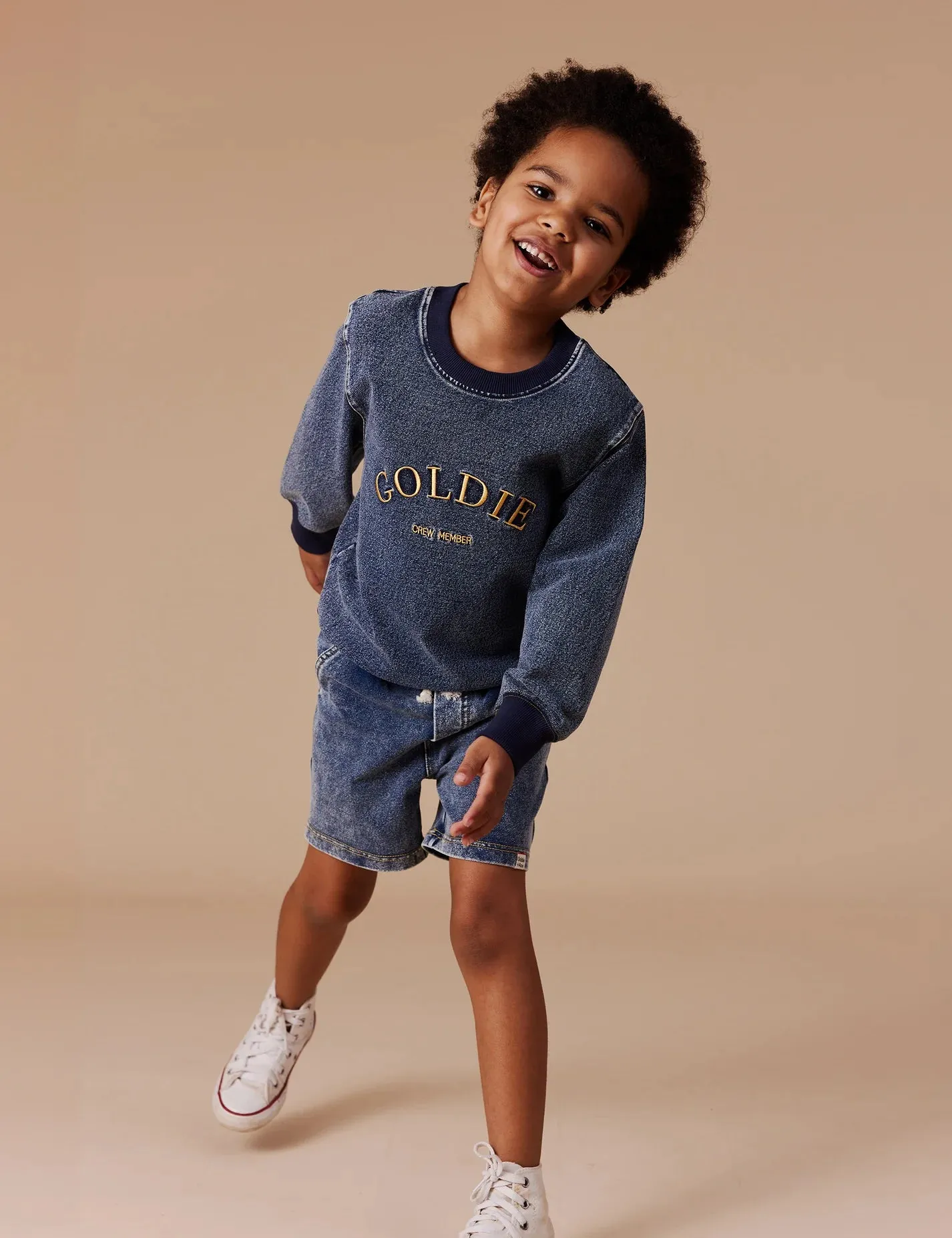 GOLDIE CREW EMBROIDERED DENIM LOOK SWEATER