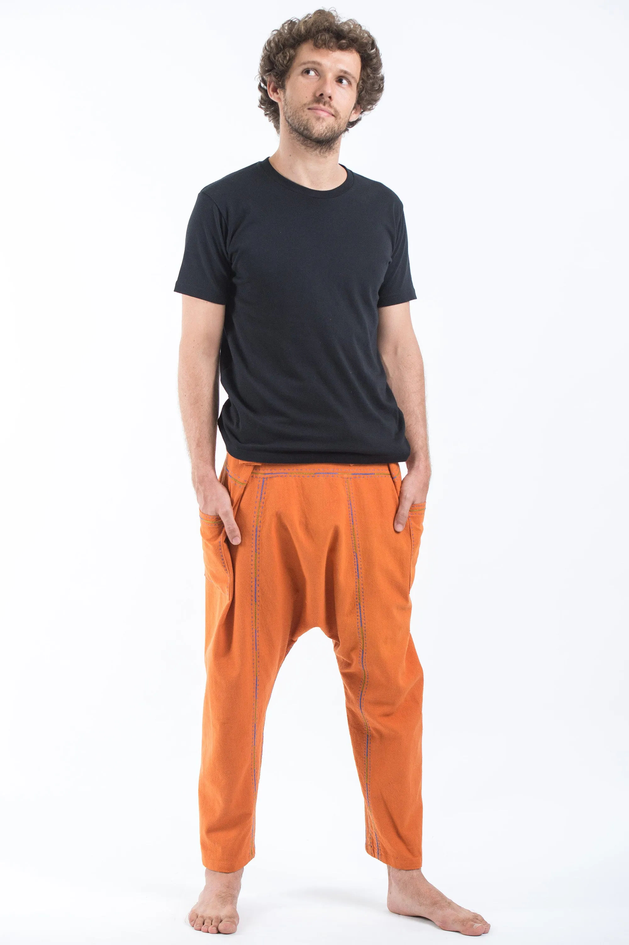 Hand Embroidered Men's Slim Cut Fisherman Pants in Orange