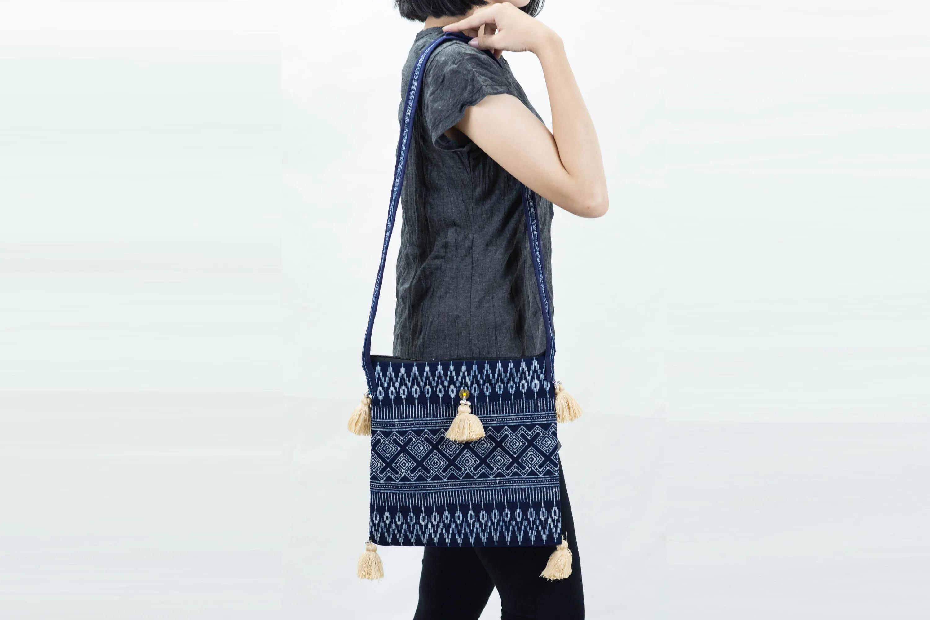 Hmong Indigo Batik Crossbody Sling Bag with Cream Tassels